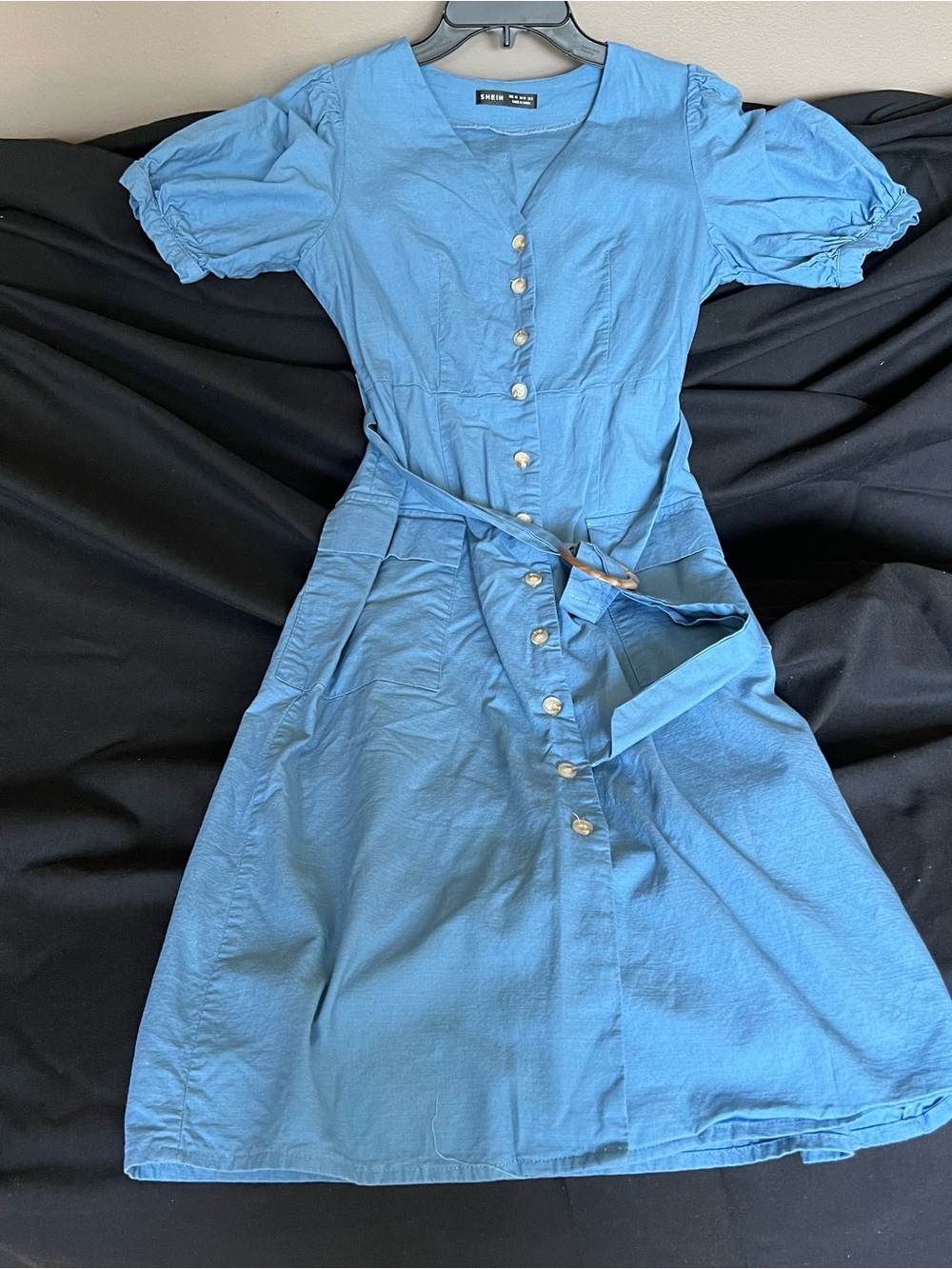 SHEIN Powder Blue Button-Front Belted A-Line Dress